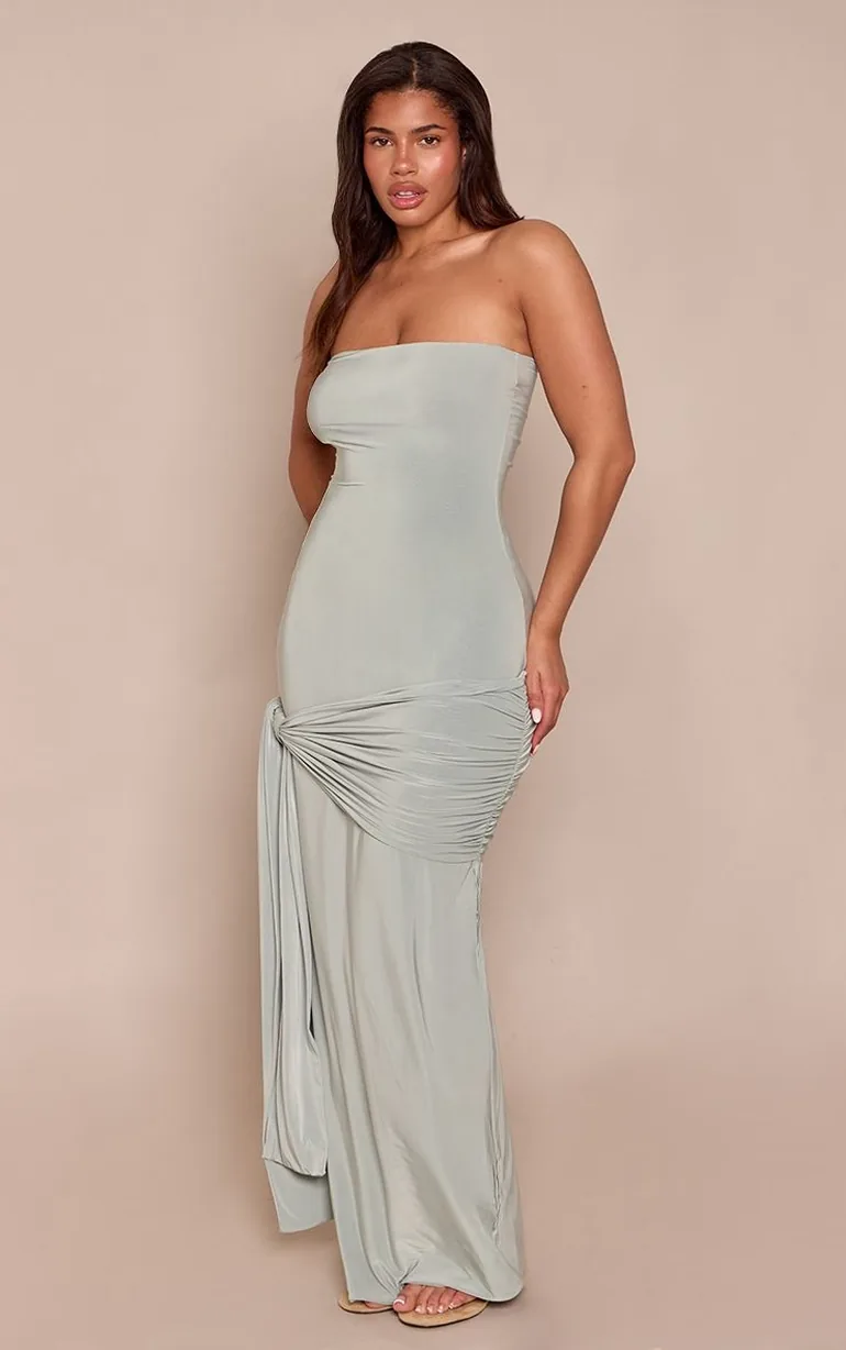 Shape Sage Green Bandeau Wrap Tie Waist Maxi Dress