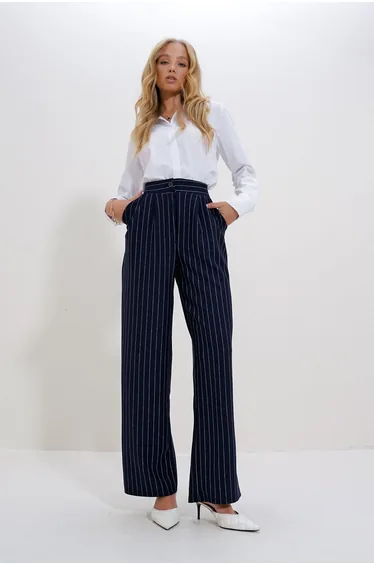 Women's Navy Blue Double Pocket Striped Palazzo Pants