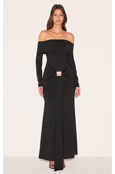 Black Bardot Long Sleeve Trim Drape Detail Maxi Dress