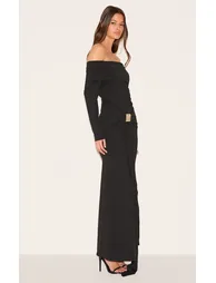 Black Bardot Long Sleeve Trim Drape Detail Maxi Dress - 2