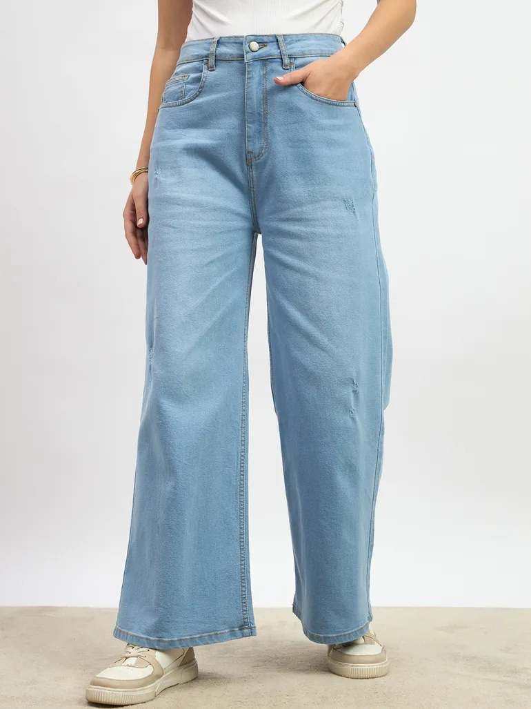 Mid Rise Wide Leg Faded Jeans - 1