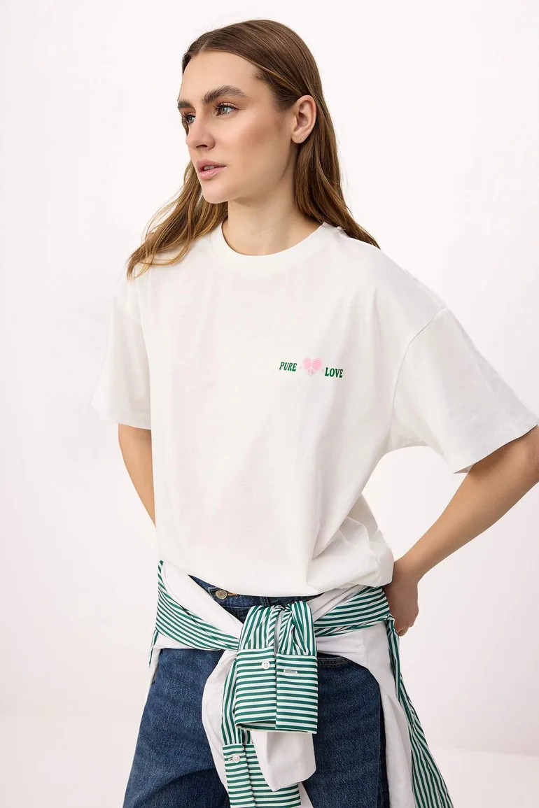 Ecru Printed Oversized Crew Neck Short Back Printed 100% Cotton Knitted T- - 1