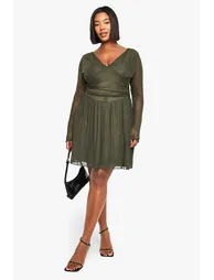Plus Plunge Corset Detail Long Sleeve Skater Dress - khaki