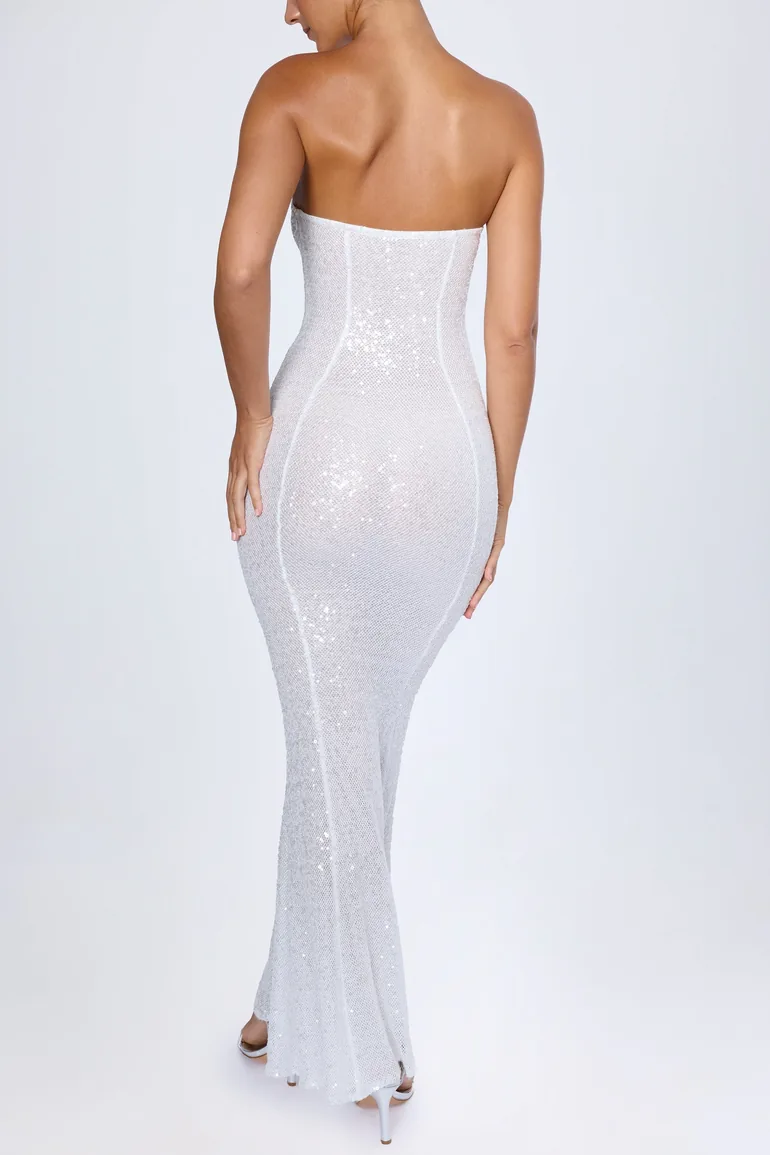 Embellished Cut-Out Bandeau Maxi Dress in White - 1