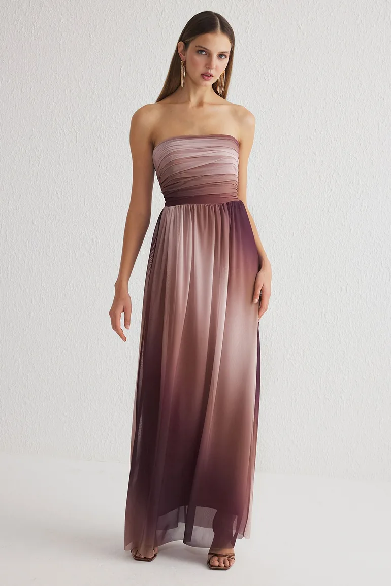 Multicolored A-Line Drape Detail Tulle Knitted Long Elegant Evening Dress