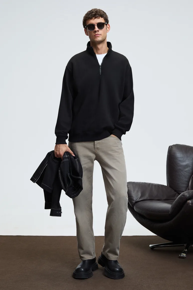 GRIMELANGE BAXTER Men's Stand Collar Zippered Relaxed Black Sweatshirt