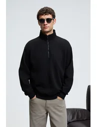 GRIMELANGE BAXTER Men's Stand Collar Zippered Relaxed Black Sweatshirt - 3