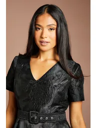 Petite Short Sleeve Jacquard Midi Dress With Belt - 3