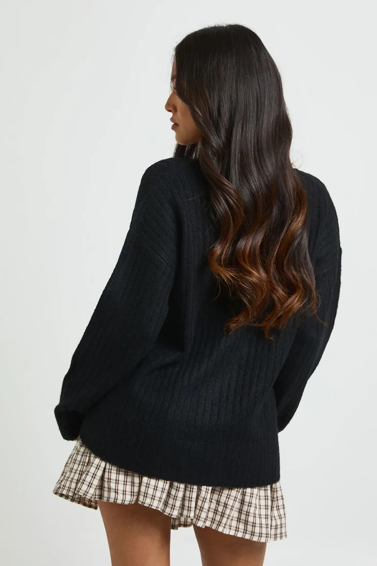 Petite Rib Knit Boyfriend Cardigan - black - 2