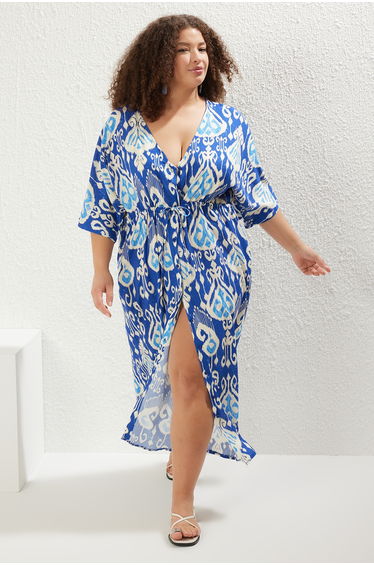 Blue Ethnic Patterned Viscose Turned Beach Wear Plus Size Dress