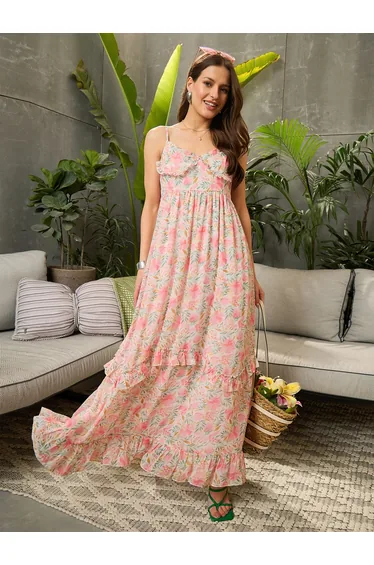 Light Pink Ruffled Strappy Maxi Dress