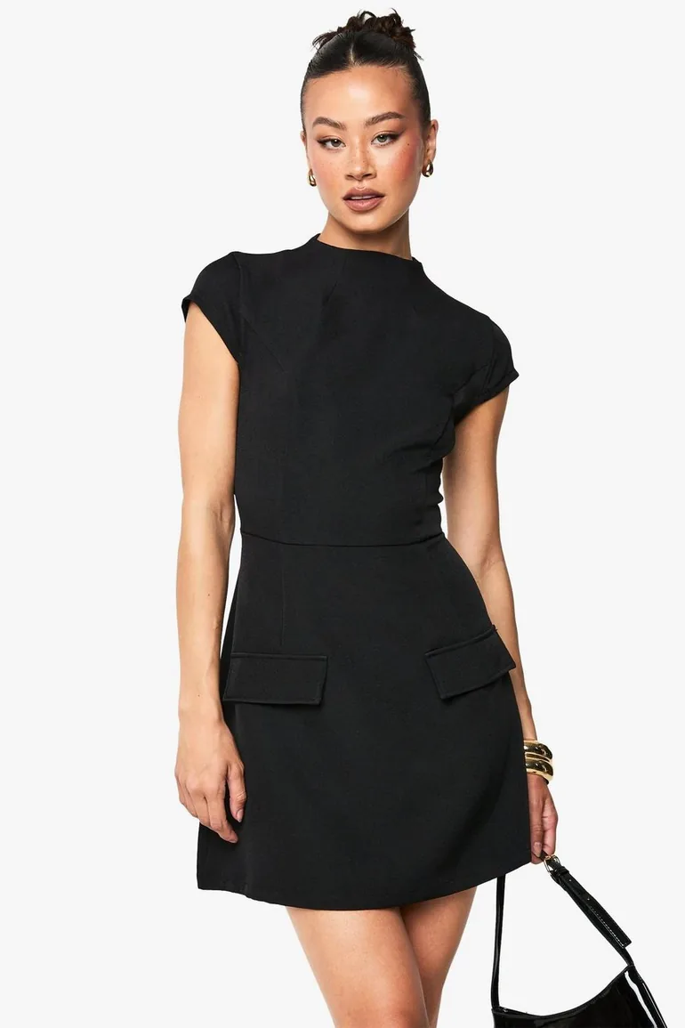 فستان قصير بياقة عالية لون أسود - لطويلات القامة - 1