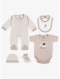 5-Piece 100% Cotton Bib, Romper, Mittens, Cap and Sleepsuit Set