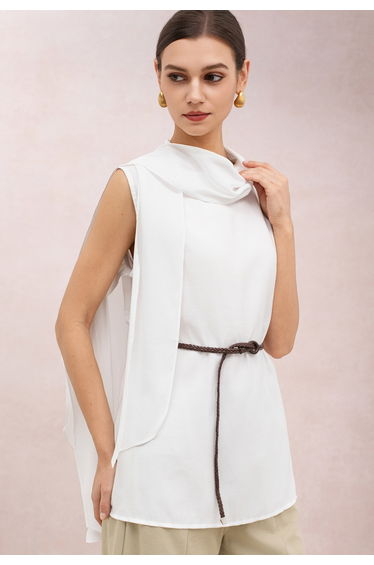Draped Scarf-Tie Neckline Sleeveless Top in White for Office Days & Casual Brunch