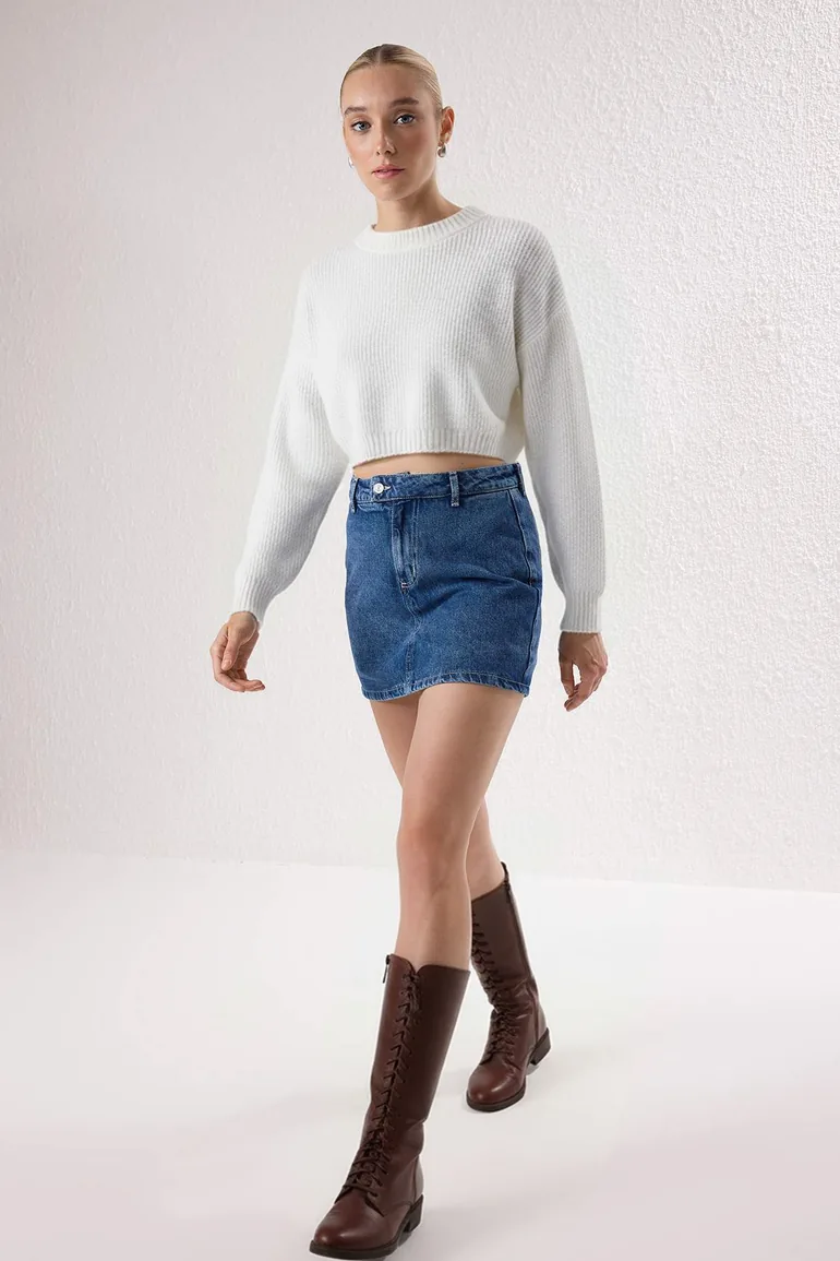 Dark Blue High Waist Mini Denim Shorts Skirt - 4
