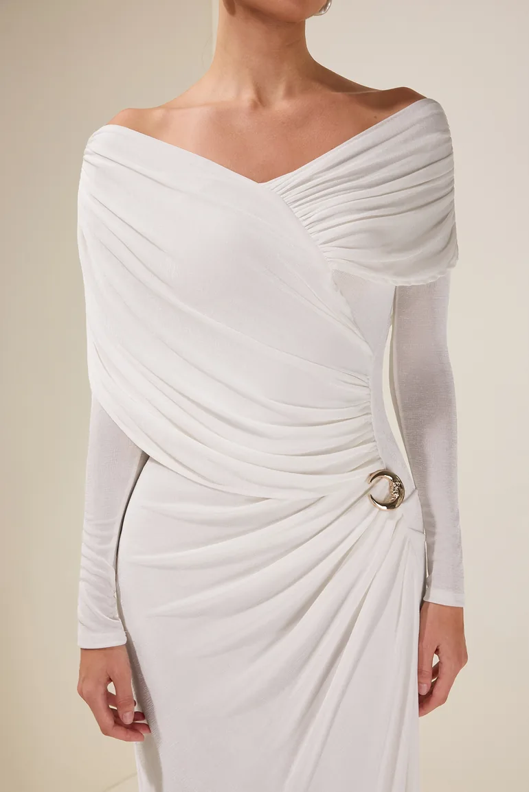 Solid Gathering Long Sleeve Maxi Dress - 5