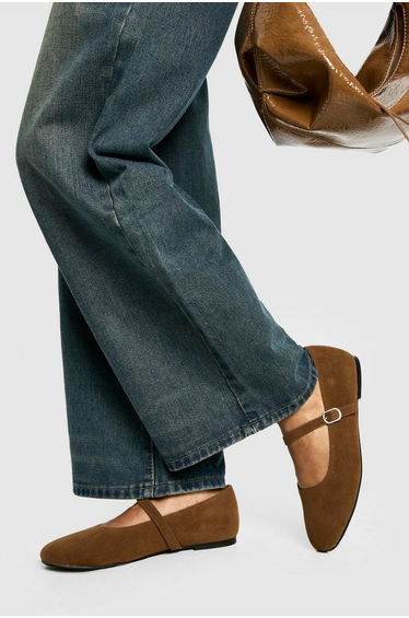 Wide Fit Faux Suede Mary Jane Ballet Flats - tan