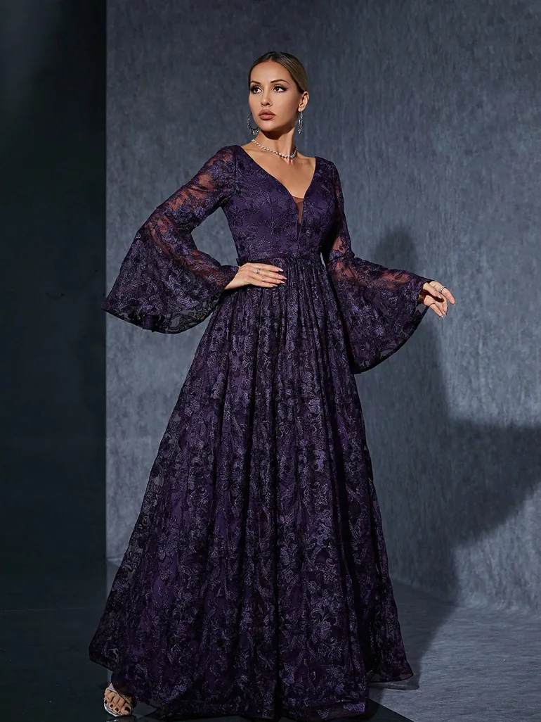 Leely Elegant V Neck Flare Sleeve Lace Evening Gown - 5