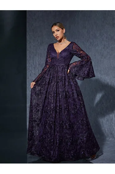 Leely Elegant V Neck Flare Sleeve Lace Evening Gown