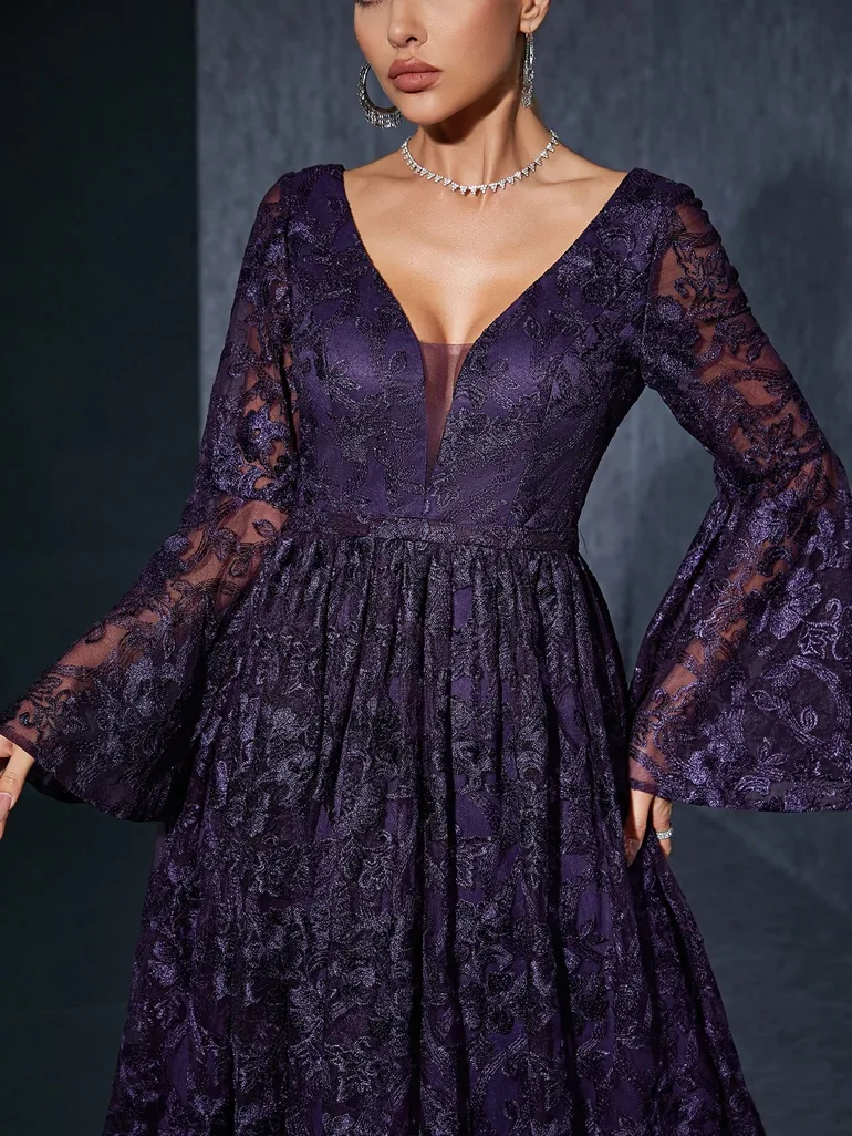 Leely Elegant V Neck Flare Sleeve Lace Evening Gown - 2