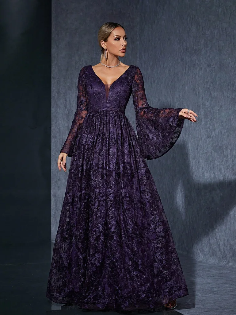 Leely Elegant V Neck Flare Sleeve Lace Evening Gown - 4