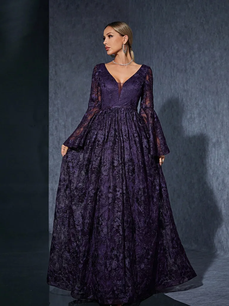Leely Elegant V Neck Flare Sleeve Lace Evening Gown - 3
