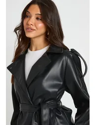 Shoulder Pad Belted Faux Leather Jacket - black - 3