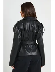 Shoulder Pad Belted Faux Leather Jacket - black - 1