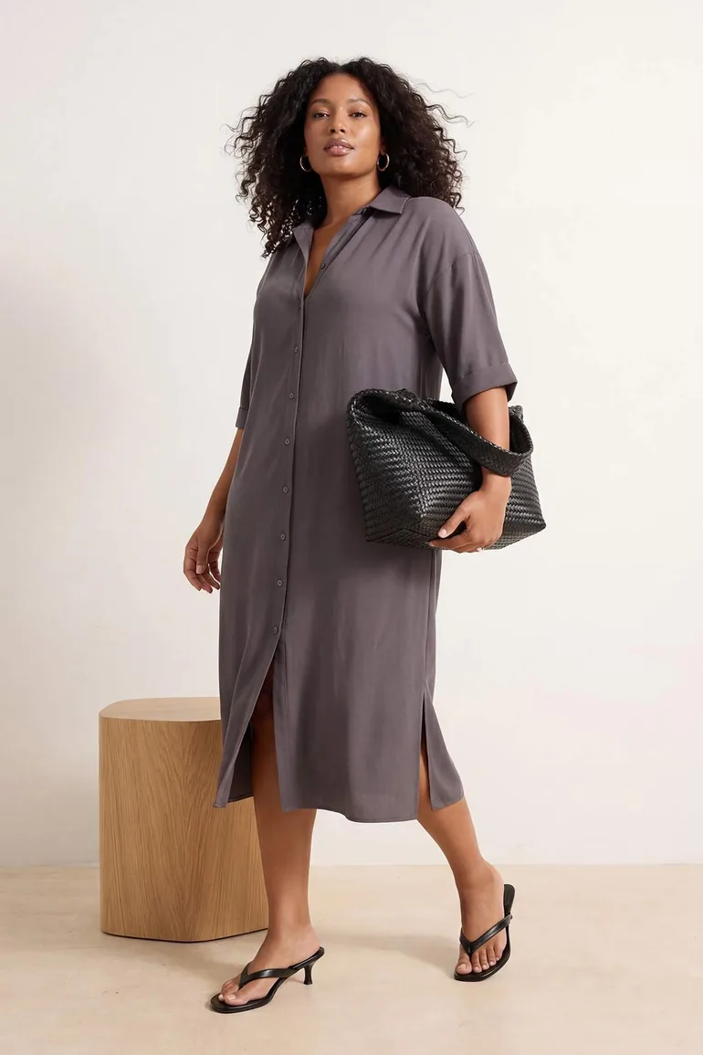 Brown Modal Wide Cut Midi Woven Shirt Dress - 3