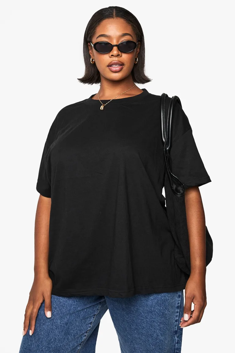 Plus Super Oversized Crew Neck Basic Cotton T-shirt - black