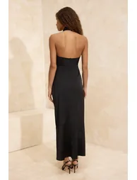 Black Plain Satin Asymmetric Neckline Accessory Detail Maxi Dress - 3