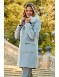 Light Grey Button Detail Coat With Faux Fur Collar - 2