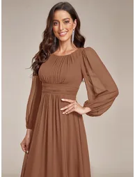 Round Neck Bridesmaid Dresses with Long Lantern Sleeves - 2