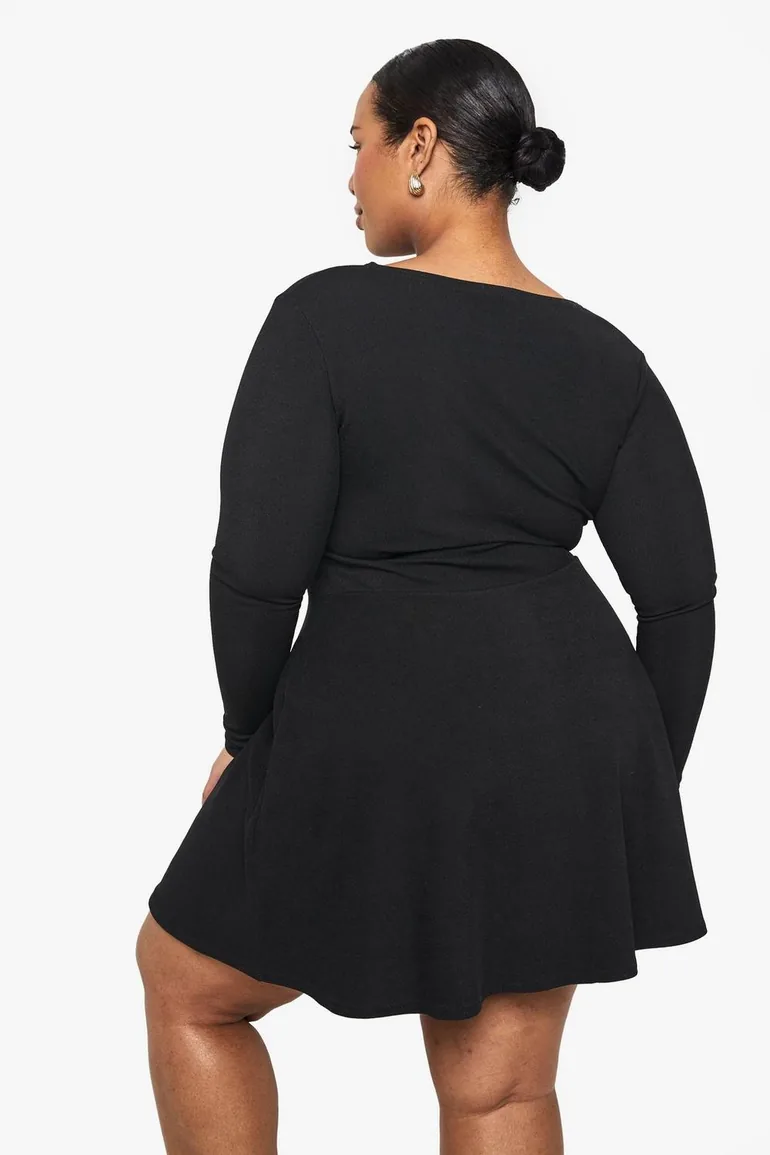 plus rib button down mini skater dress - black - 1