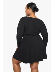 plus rib button down mini skater dress - black - 1