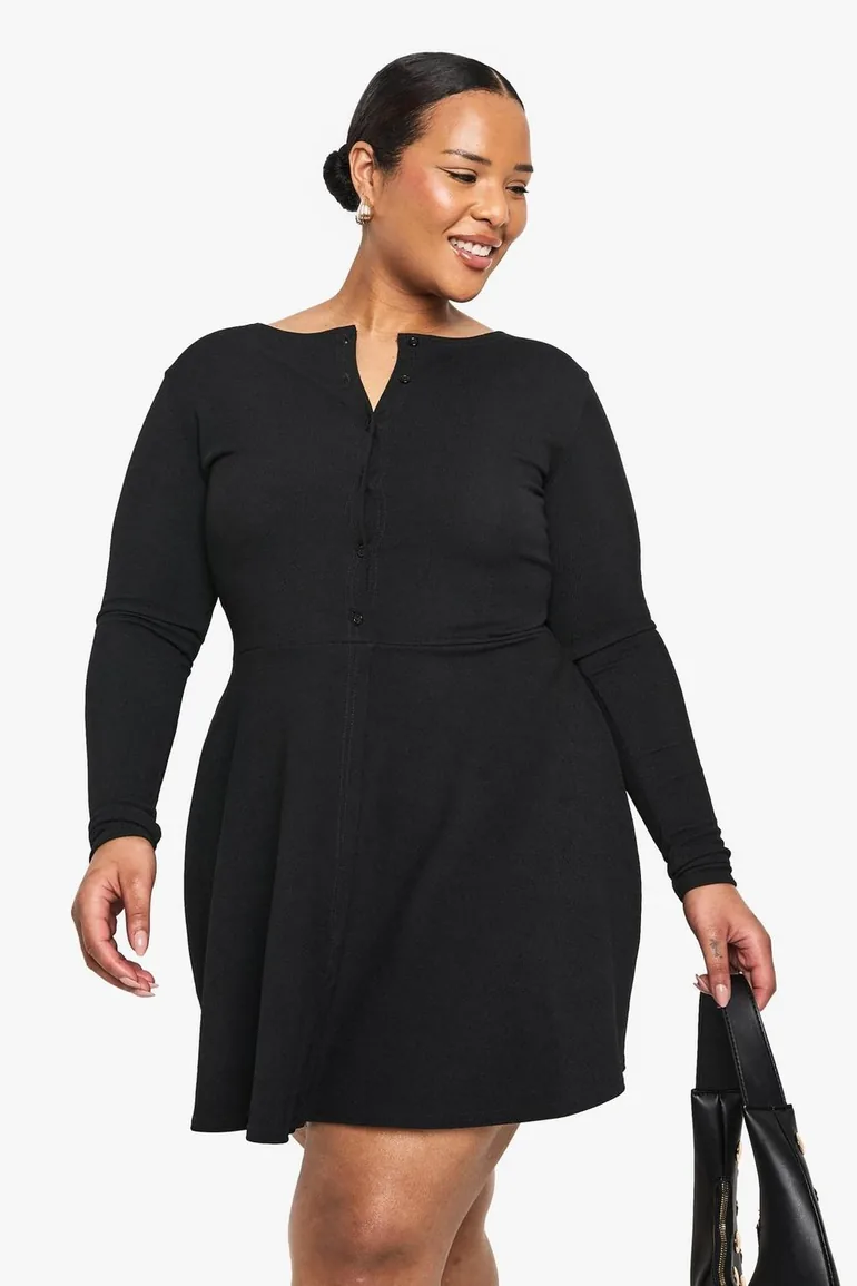 plus rib button down mini skater dress - black - 2