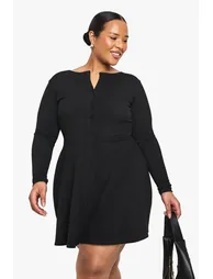 plus rib button down mini skater dress - black - 2