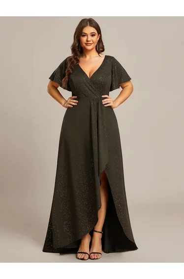ever MELODÉ|Glitter High-Low Front Side Slit Ruffled V-Neck Evening Dress