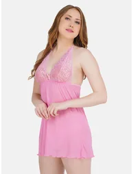 Women Pink Lace Babydoll with Brief Set - 1