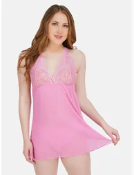 Women Pink Lace Babydoll with Brief Set