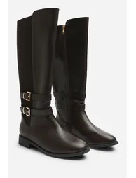Elaris Wide Fit Double Buckle Detail Stretch Elastic Knee High Riding Boots - 3
