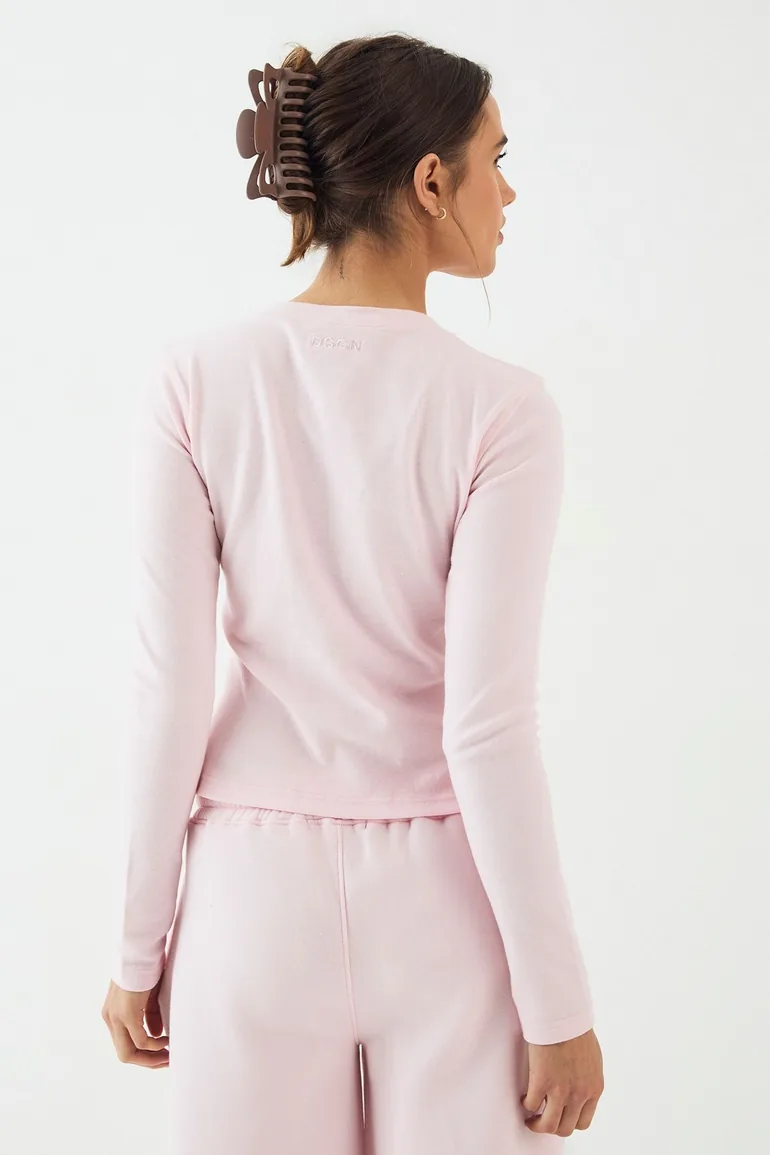 DSGN Studio Crew Neck Button Through Long Sleeve Top - light pink - 1
