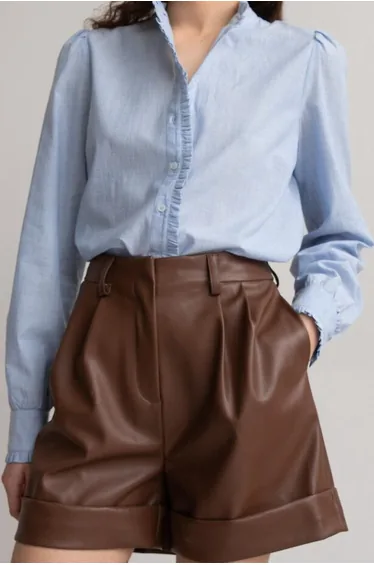 Cotton Ruffled Blouse with High Neck and Long Sleeves