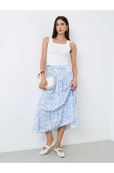 Floral Print Elastic Waist A-Line Midi Skirt