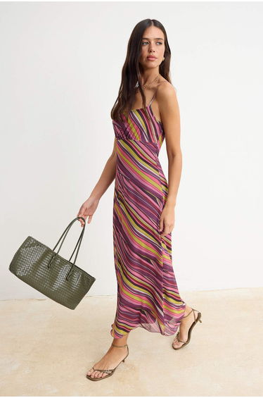 Multi-Colored Striped A-Line/A Bell-Shape Pool Collar Thin Straps Sleeveless Tulle Knitted Dress product thumbnail 2