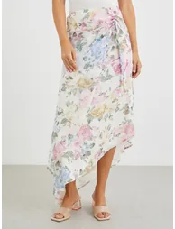 Floral Print Side Ruched Asymmetric Hem Maxi Skirt - 1