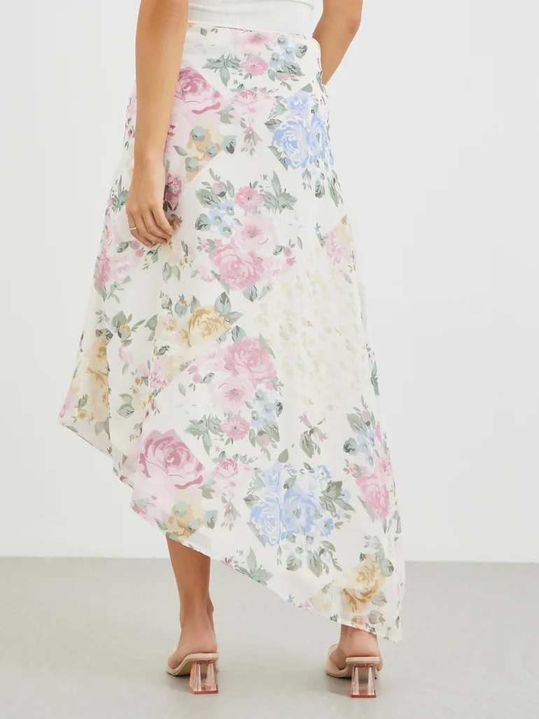 Floral Print Side Ruched Asymmetric Hem Maxi Skirt - 3