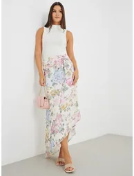 Floral Print Side Ruched Asymmetric Hem Maxi Skirt