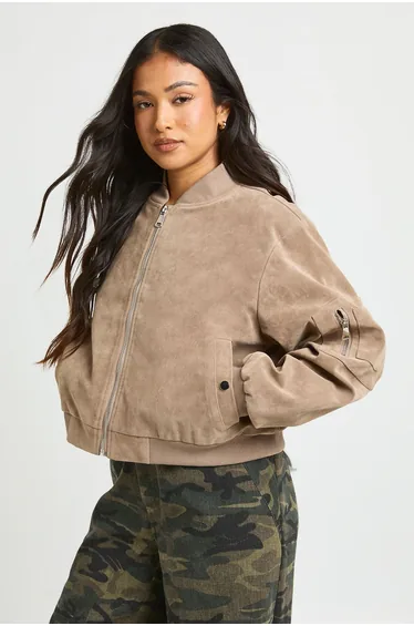 Petite Suede Look Shoulder Pad Bomber Jacket - stone