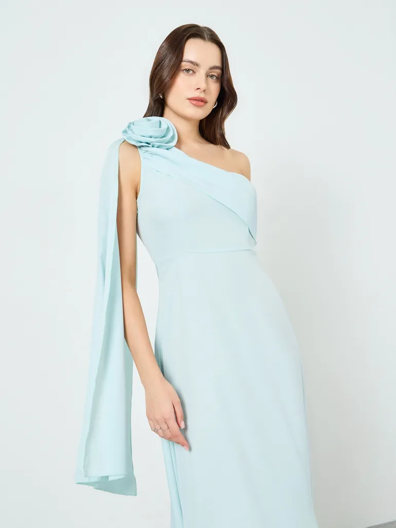 Women Turquoise One Shoulder Cape Sleeve Maxi Dress - 1